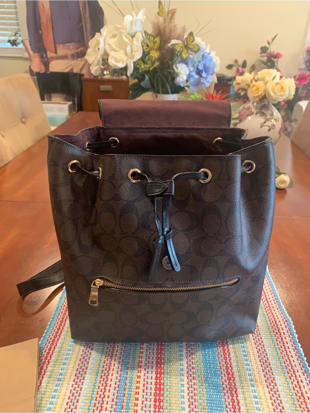 Coach Brown Signature Canvas and Black Leather Backpack with Gold Hardware - Picture 4 of 13